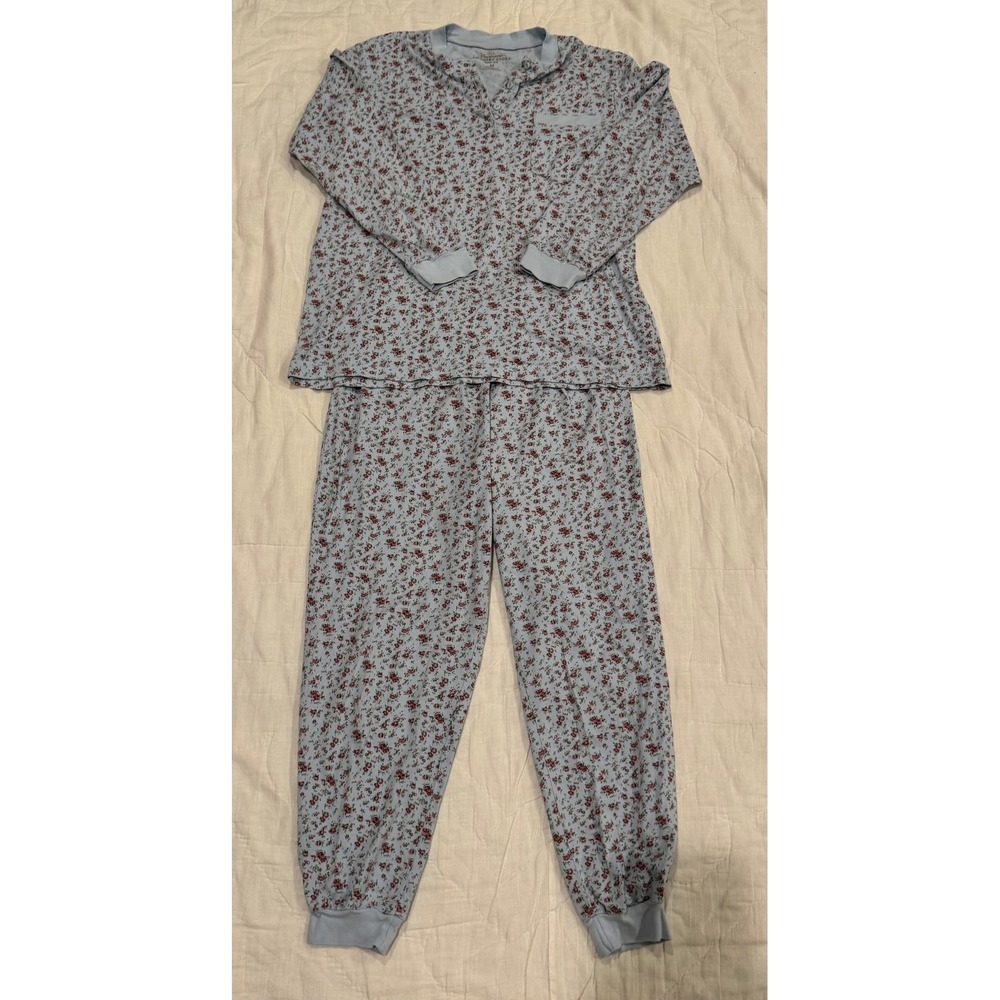 Vermont Country Store Womens Blue Floral Cotton Pajama Set Henley M 67681